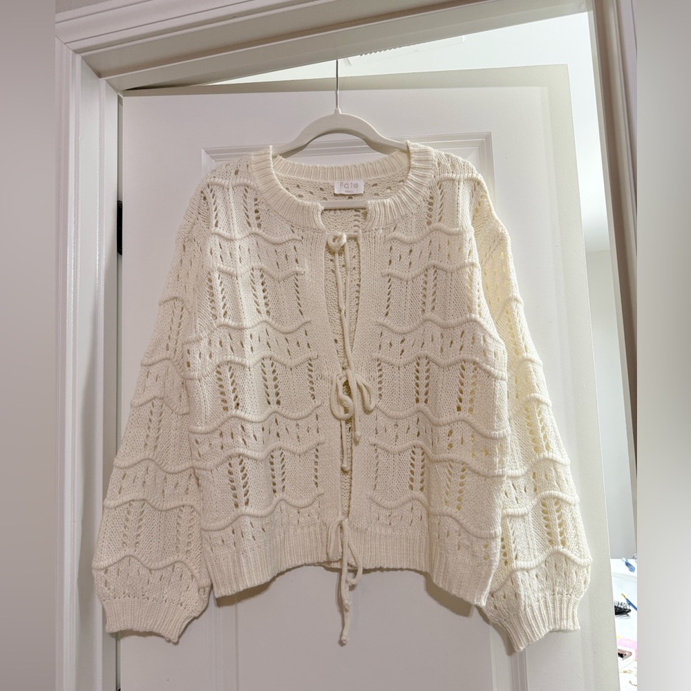 Fate Cream Open-Weave Tie-Front Cardigan